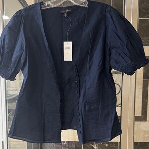 Banana Republic Navy Puff Sleeve Button-Front Blouse